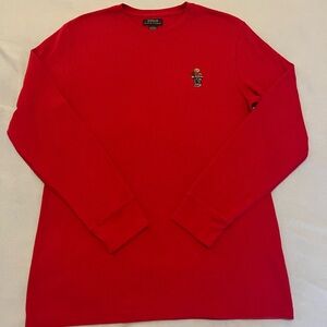 POLO RALPH LAUREN-Red Waffle Knit Thermal Sleepwear Preppy Bear Shirt Sz L Men